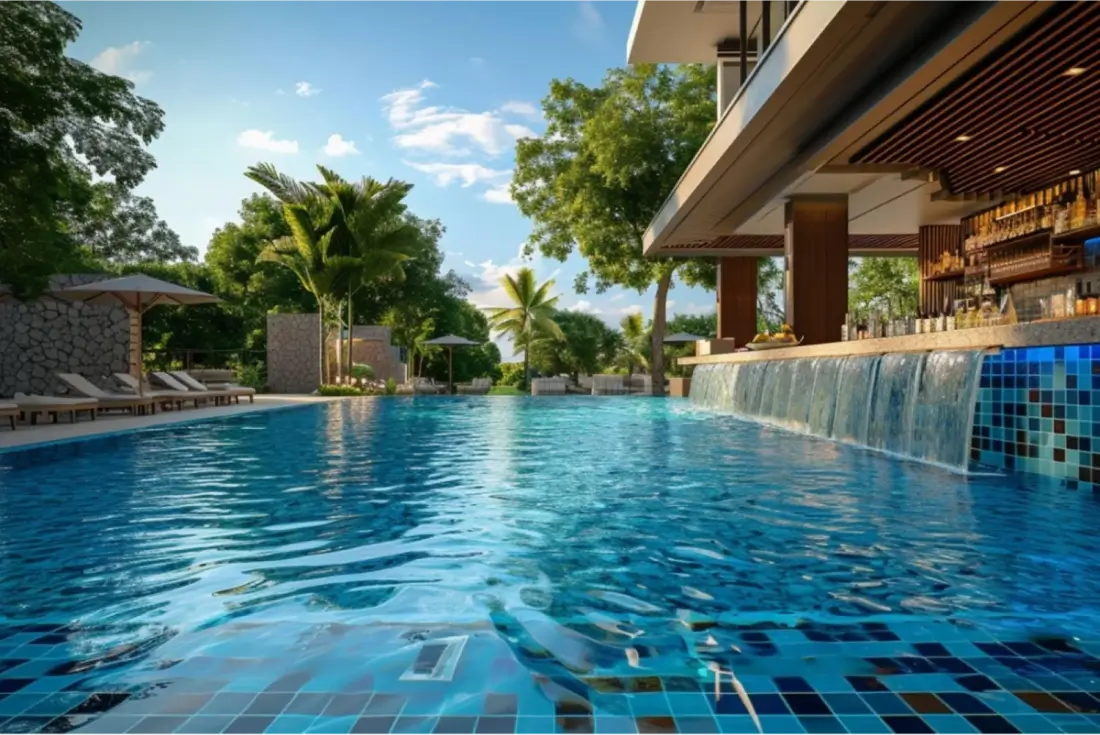 Luxury poolside bar with waterfall