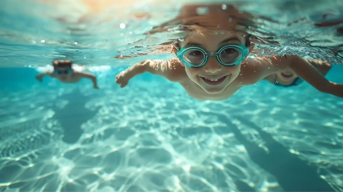 Smiling child wearing goggles swimming underwater in a pool.