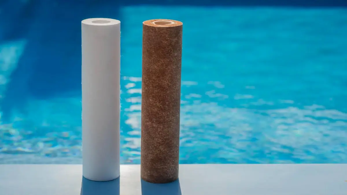 Two cylindrical pool filters placed on the edge of a pool, one clean and one used.